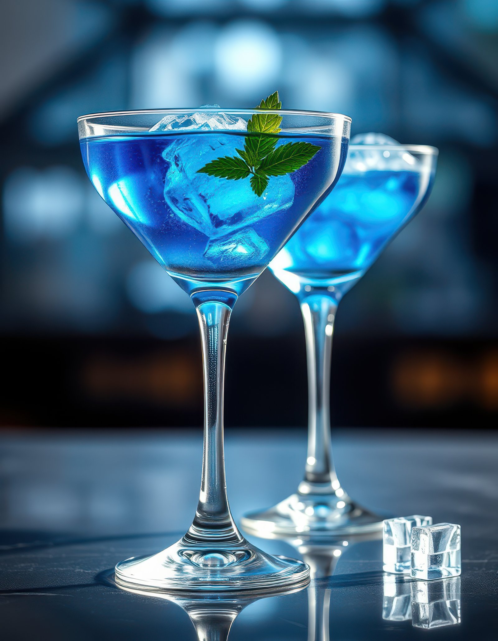 Colors and flavors blend in refreshing blue cocktails served with ice and mint garnish at a modern bar setting